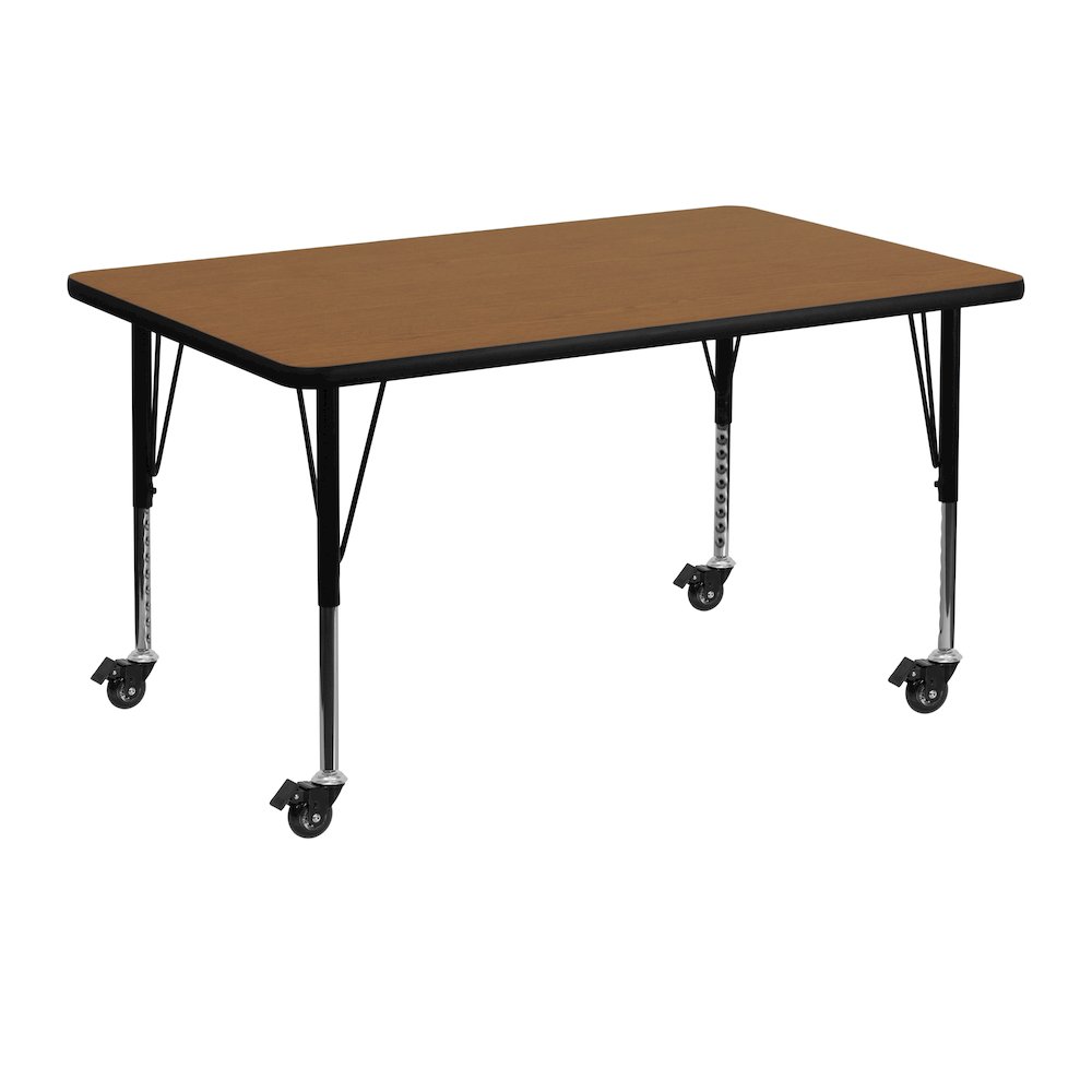 Mobile 30''W x 48''L Rectangular Oak Thermal Laminate Activity Table - Height Adjustable Short Legs. Picture 1