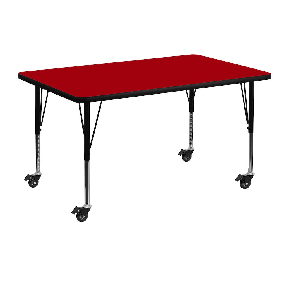 Mobile 30''W x 48''L Rectangular Red Thermal Laminate Activity Table - Height Adjustable Short Legs. Picture 1
