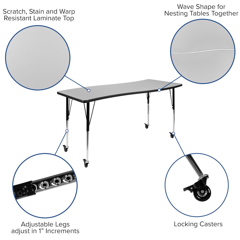 Mobile 26"W x 60"L Rectangle Grey Activity Table - Standard Height Adjust Legs. Picture 4