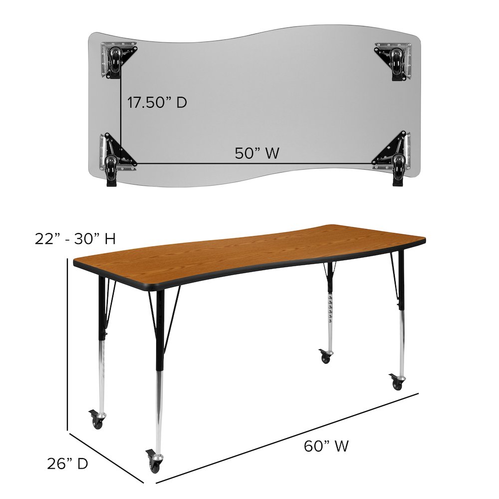 Mobile 26"W x 60"L Rectangle Oak Activity Table - Standard Height Adjust Legs. Picture 5