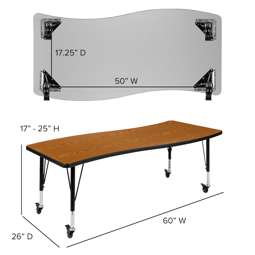 Mobile 26"W x 60"L Rectangle Oak Activity Table - Height Adjust Short Legs. Picture 5
