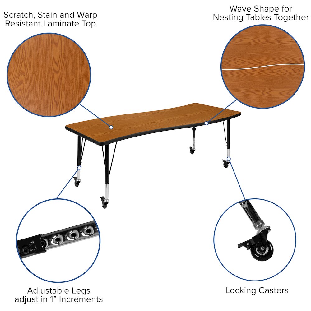 Mobile 26"W x 60"L Rectangle Oak Activity Table - Height Adjust Short Legs. Picture 4