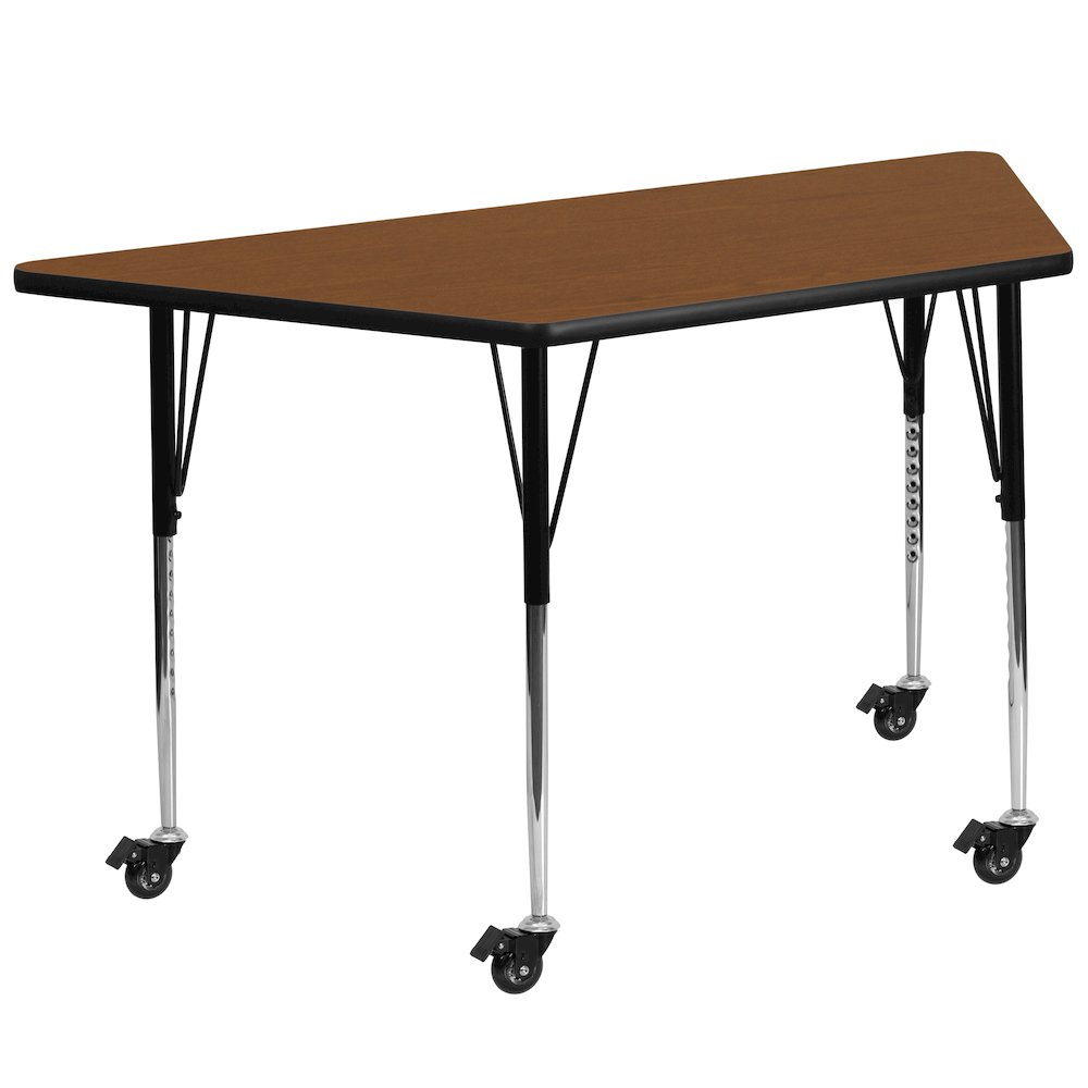 Mobile 29''W x 57''L Trapezoid Oak HP Laminate Activity Table - Standard Height Adjustable Legs. Picture 1