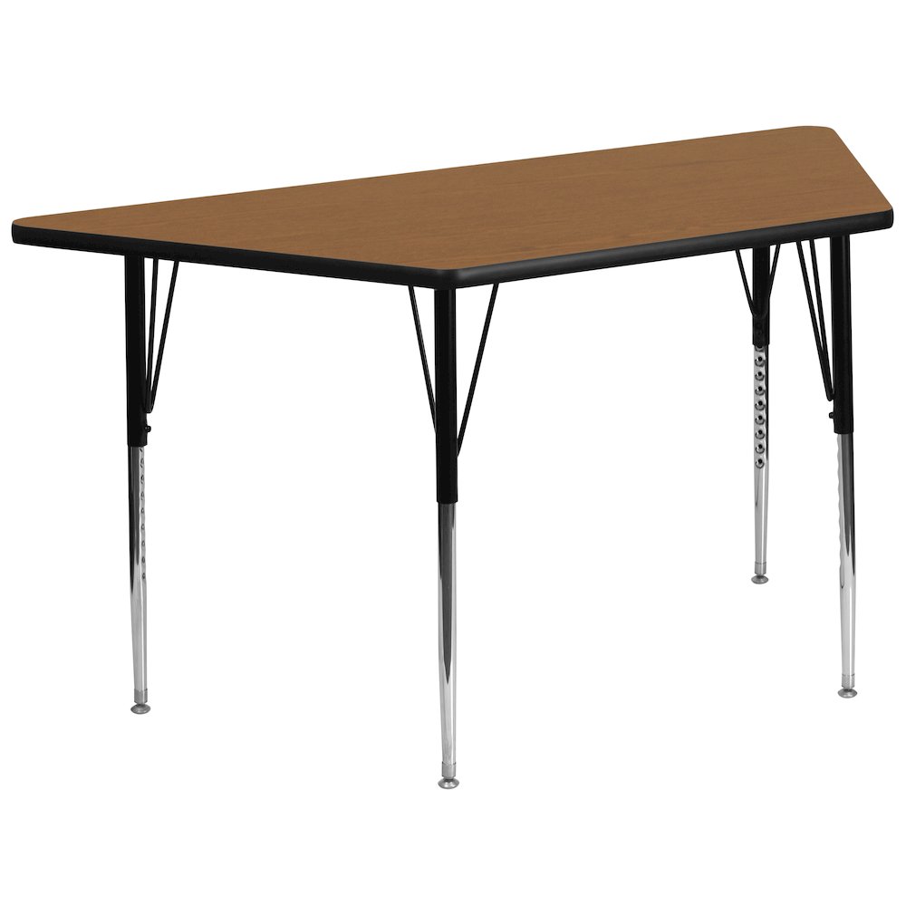 29''W x 57''L Trapezoid Oak Thermal Laminate Activity Table - Standard Height Adjustable Legs. Picture 1
