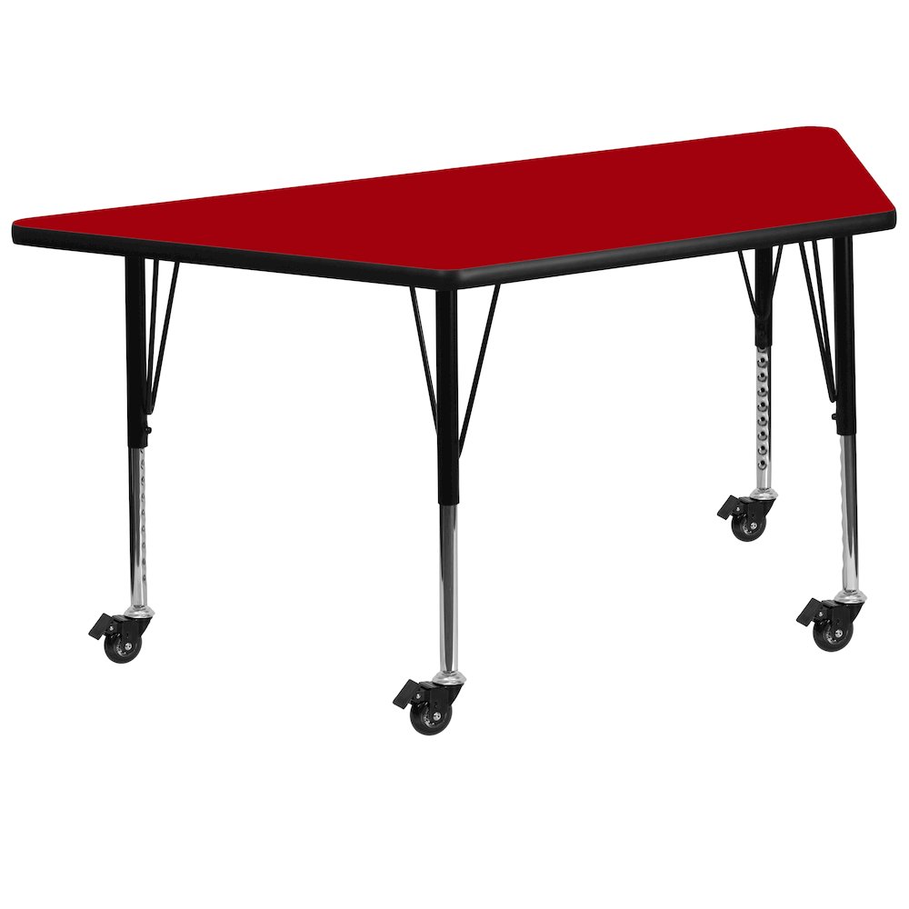 Mobile 29''W x 57''L Trapezoid Red Thermal Laminate Activity Table - Height Adjustable Short Legs. Picture 1