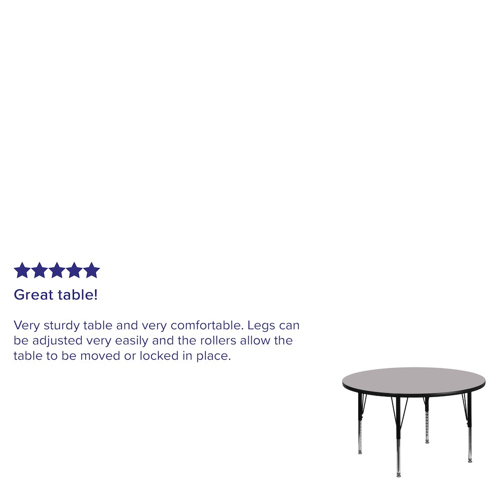 42'' Round Grey Thermal Laminate Activity Table - Height Adjustable Short Legs. Picture 3