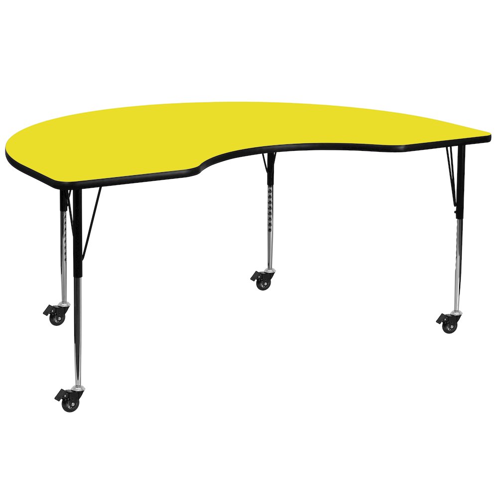 Mobile 48''W x 96''L Kidney Yellow HP Laminate Activity Table - Standard Height Adjustable Legs. Picture 1