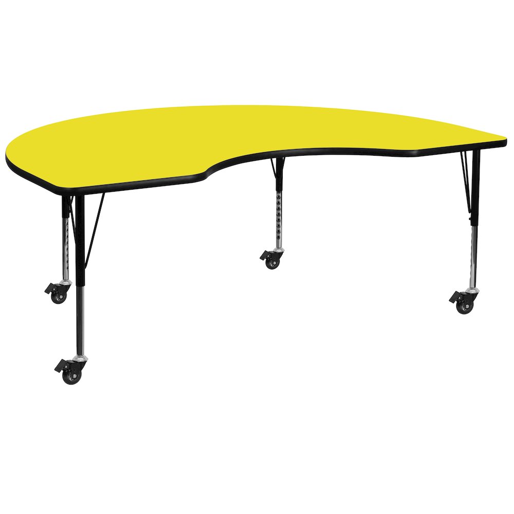Mobile 48''W x 96''L Kidney Yellow HP Laminate Activity Table - Height Adjustable Short Legs. Picture 1