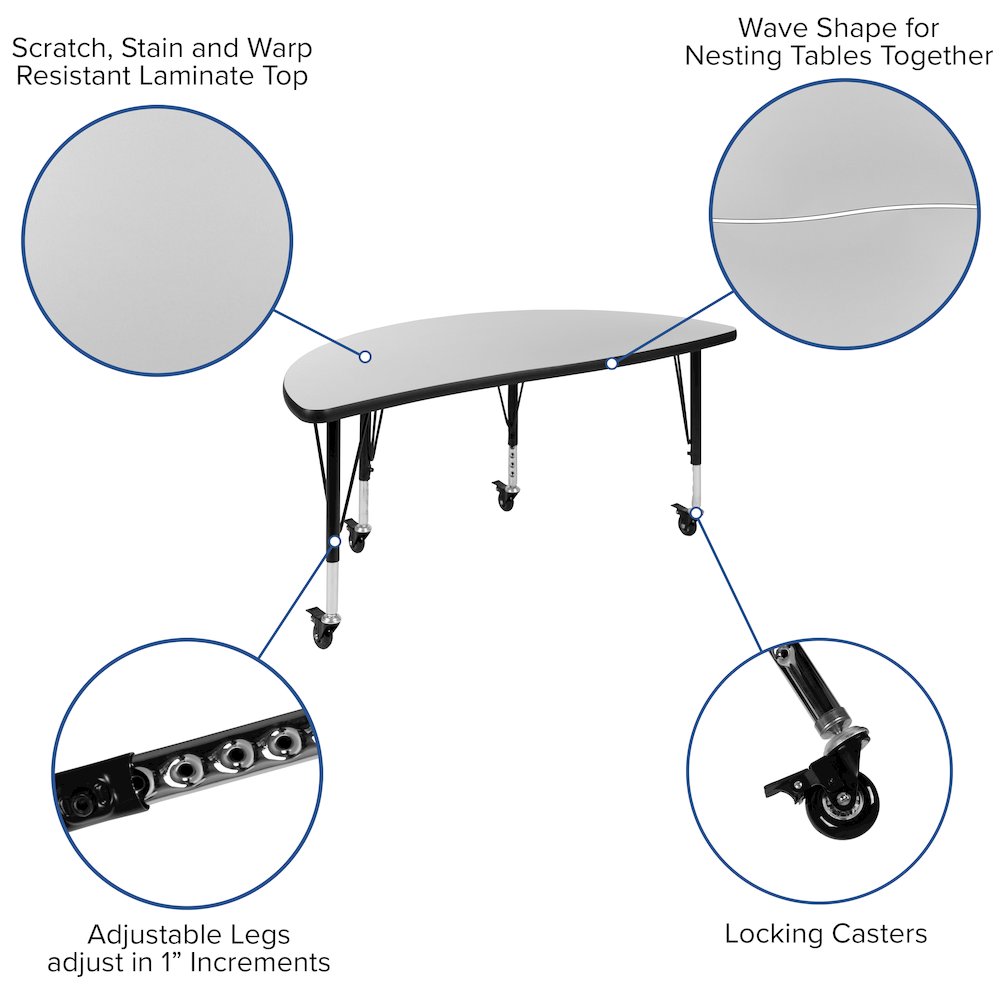 Mobile 47.5" Half Circle Grey Thermal Activity Table - Height Adjust Short Legs. Picture 4