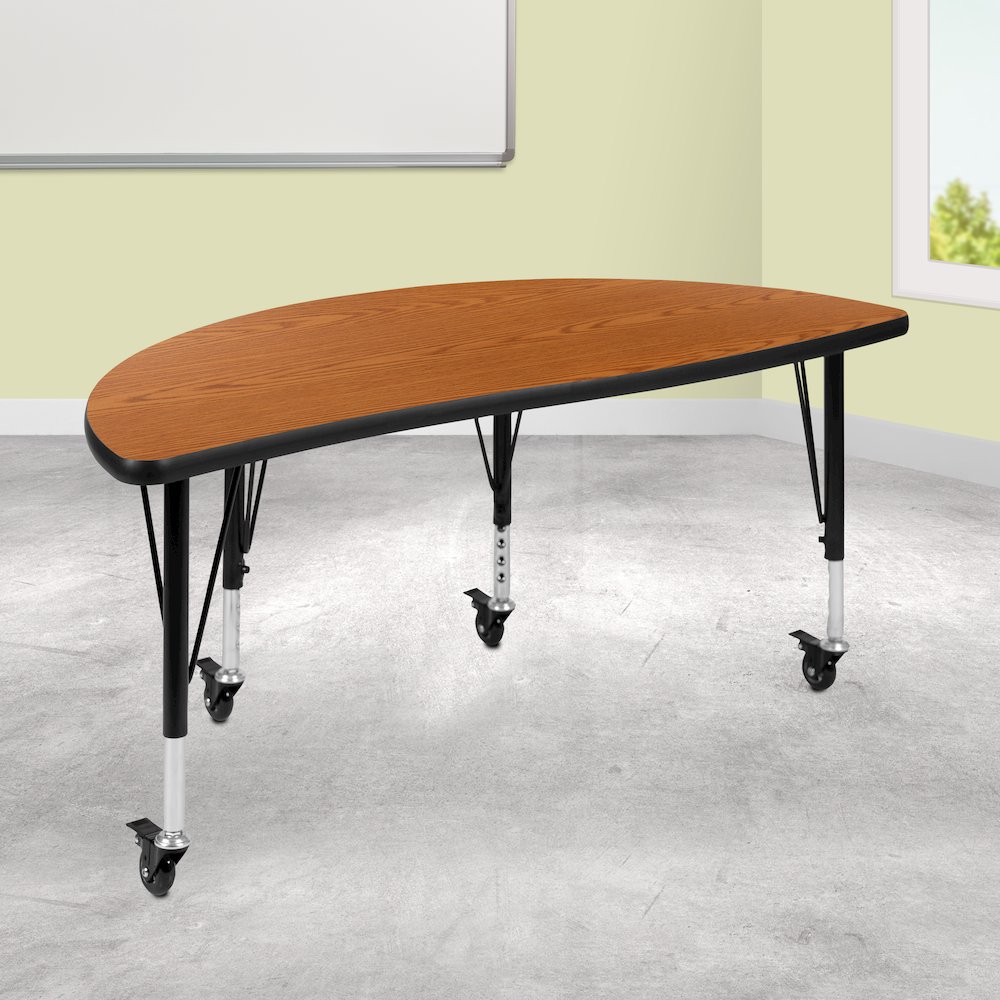 Mobile 47.5" Half Circle Oak Thermal Activity Table - Height Adjust Short Legs. Picture 2