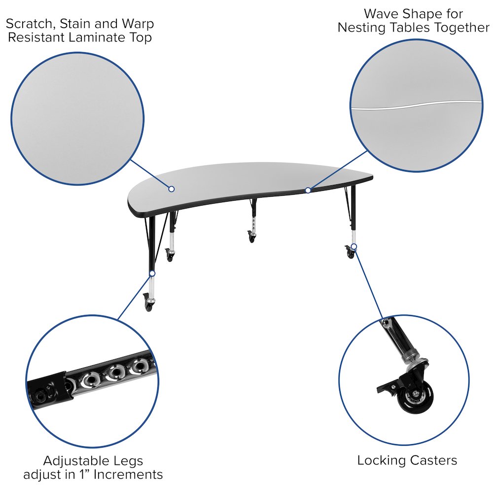 Mobile 60" Half Circle Grey Thermal Activity Table-Height Adjust Short Legs. Picture 4
