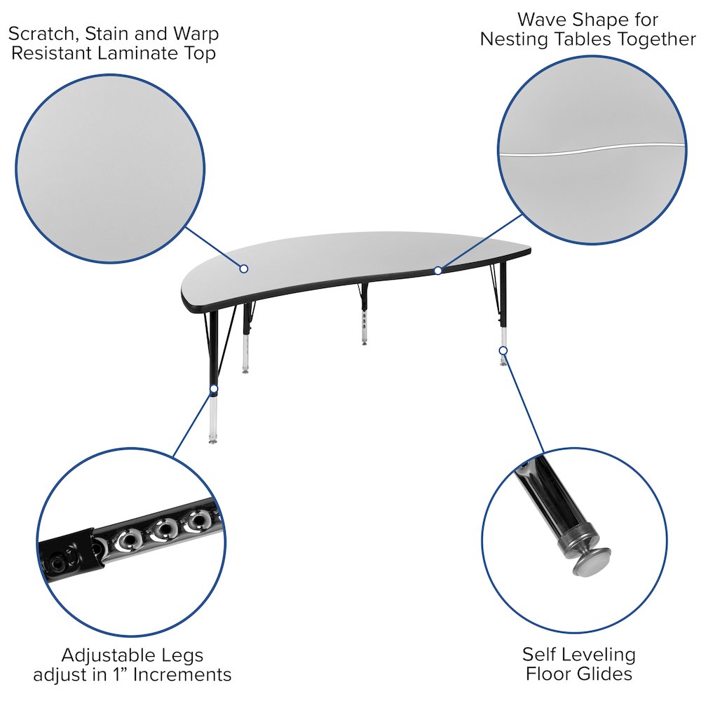 60" Half Circle Grey Thermal Activity Table - Height Short Legs. Picture 4