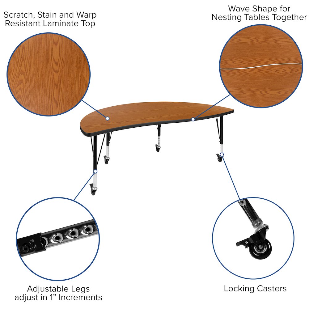 Mobile 60" Half Circle Oak Thermal Activity Table-Height Adjust Short Legs. Picture 4