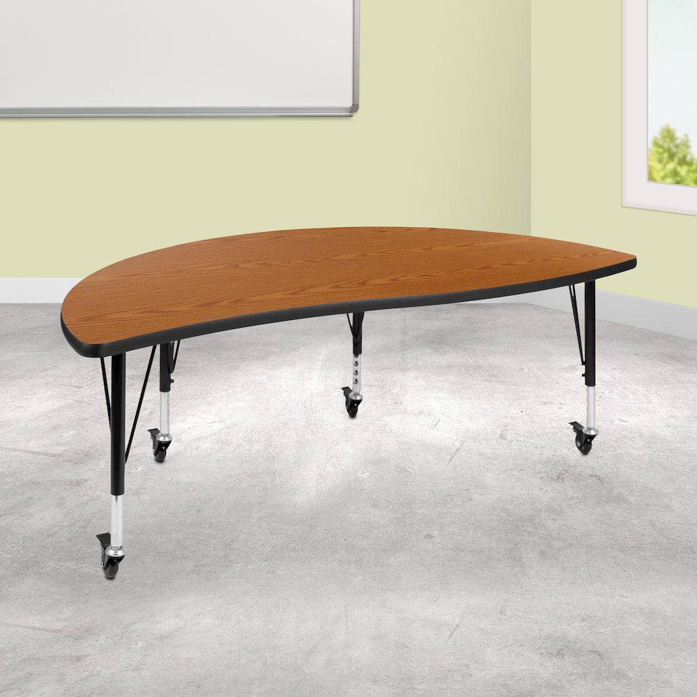 Mobile 60" Half Circle Oak Thermal Activity Table-Height Adjust Short Legs. Picture 2