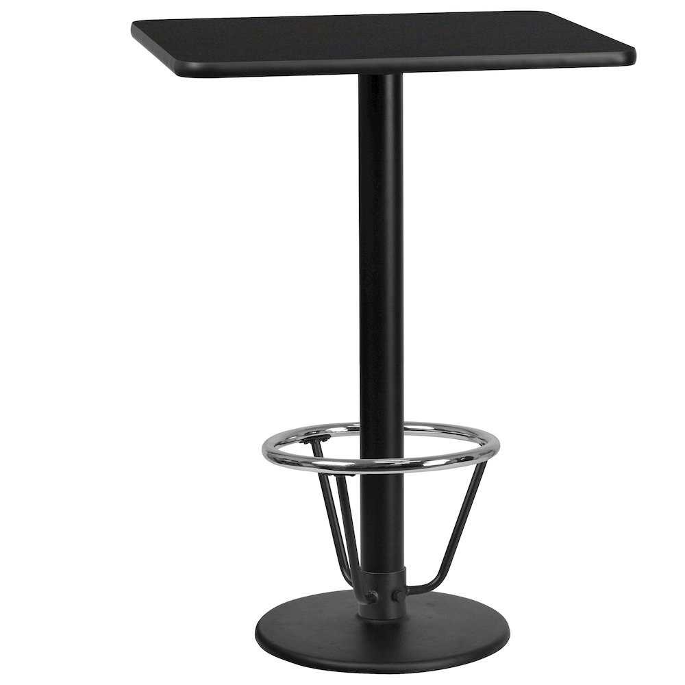 24'' x 30'' Rectangular Black Laminate Table Top with 18'' Round Bar Height Table Base and Foot Ring. Picture 1