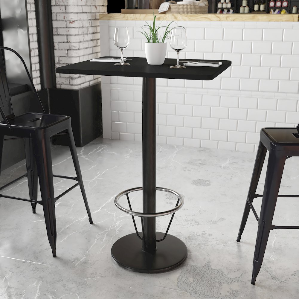 24'' x 30'' Black Table Top with 18'' Round Bar Height Table Base and Foot Ring. Picture 2