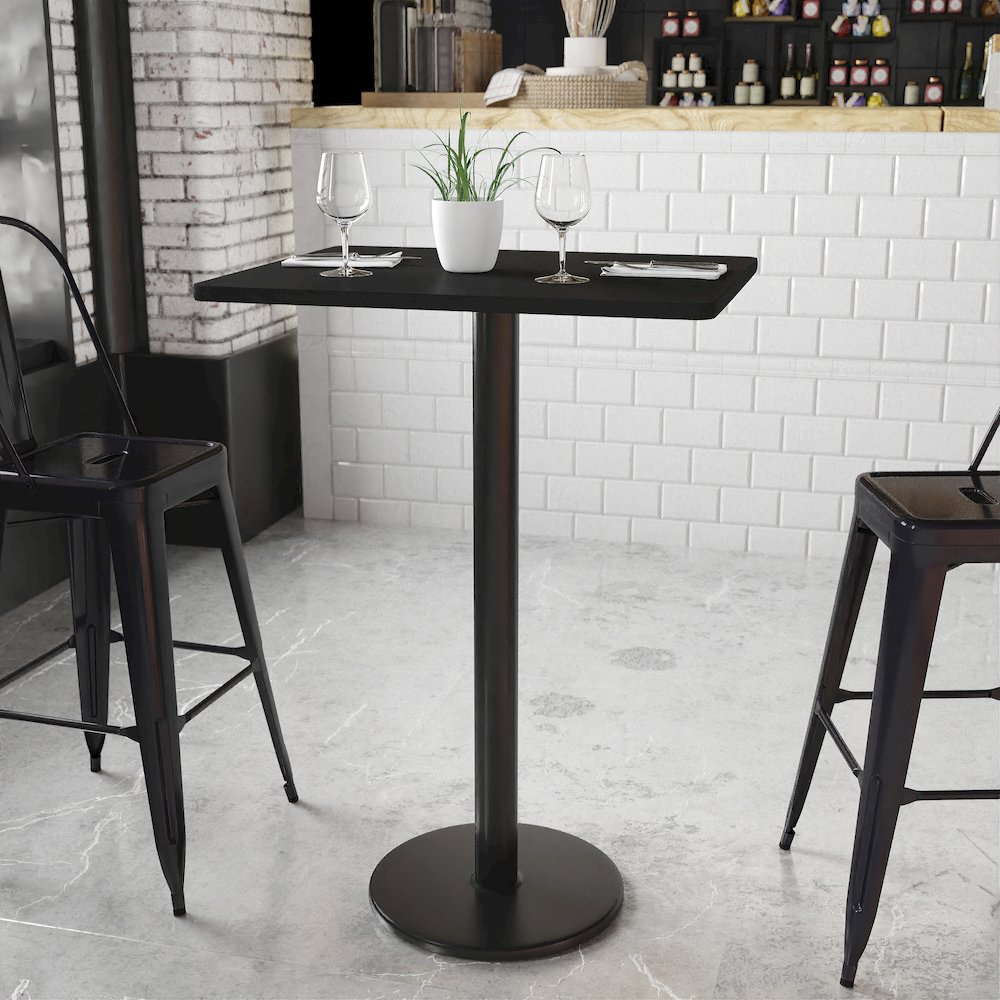 24'' x 30'' Rectangular Black Table Top with 18'' Round Bar Height Table Base. Picture 2