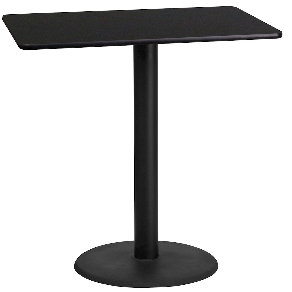 24'' x 42'' Rectangular Black Table Top with 24'' Round Bar Height Table Base. Picture 1