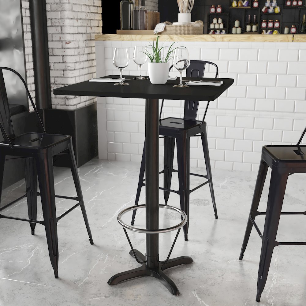 30'' Square Black Table Top with 22'' x 22'' Bar Height Table Base and Foot Ring. Picture 2