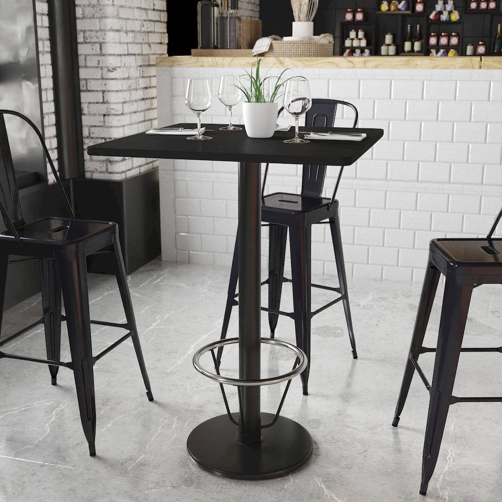 30'' Square Black Table Top with 18'' Round Bar Height Table Base and Foot Ring. Picture 2