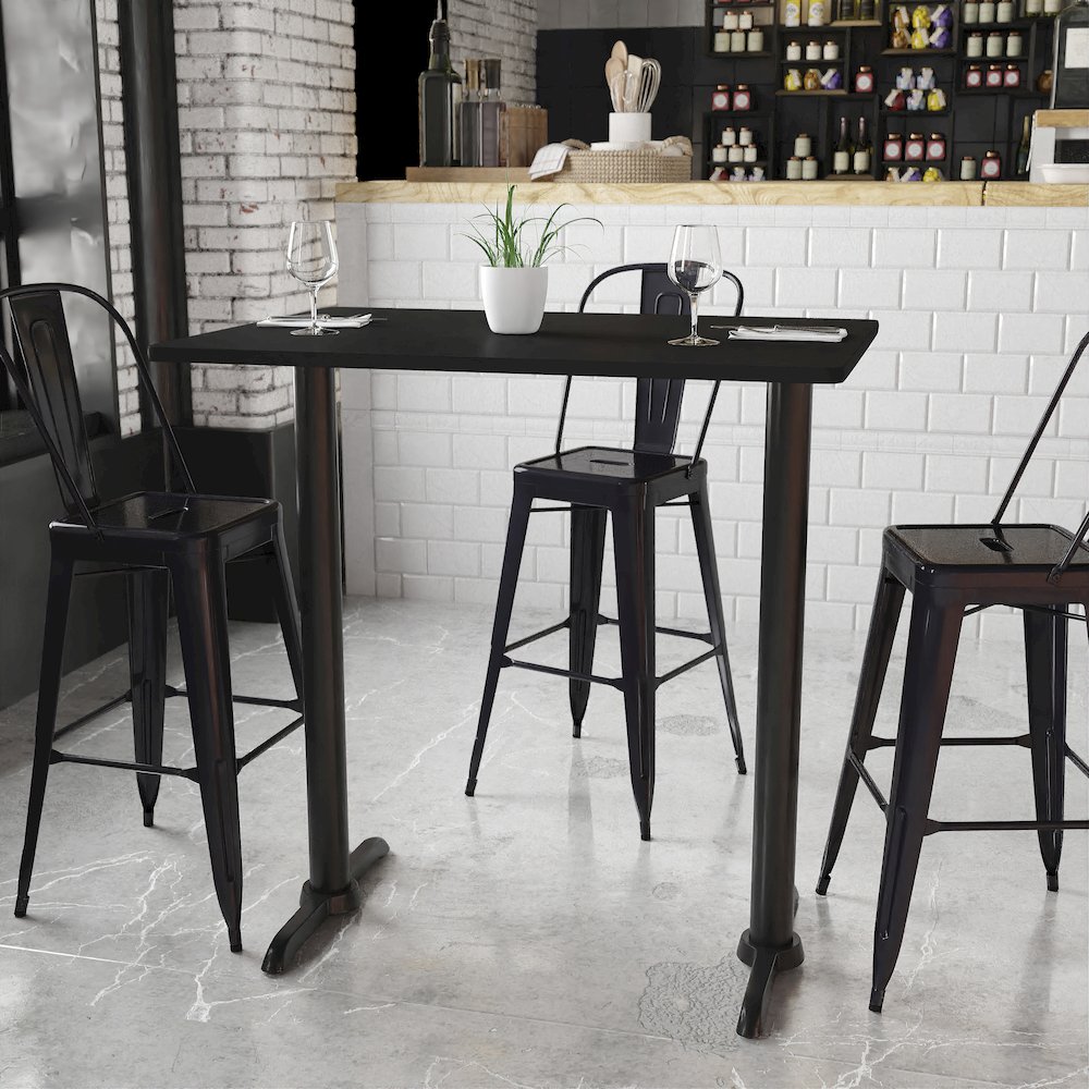 30'' x 42'' Rectangular Black Table Top with 5'' x 22'' Bar Height Table Bases. Picture 2