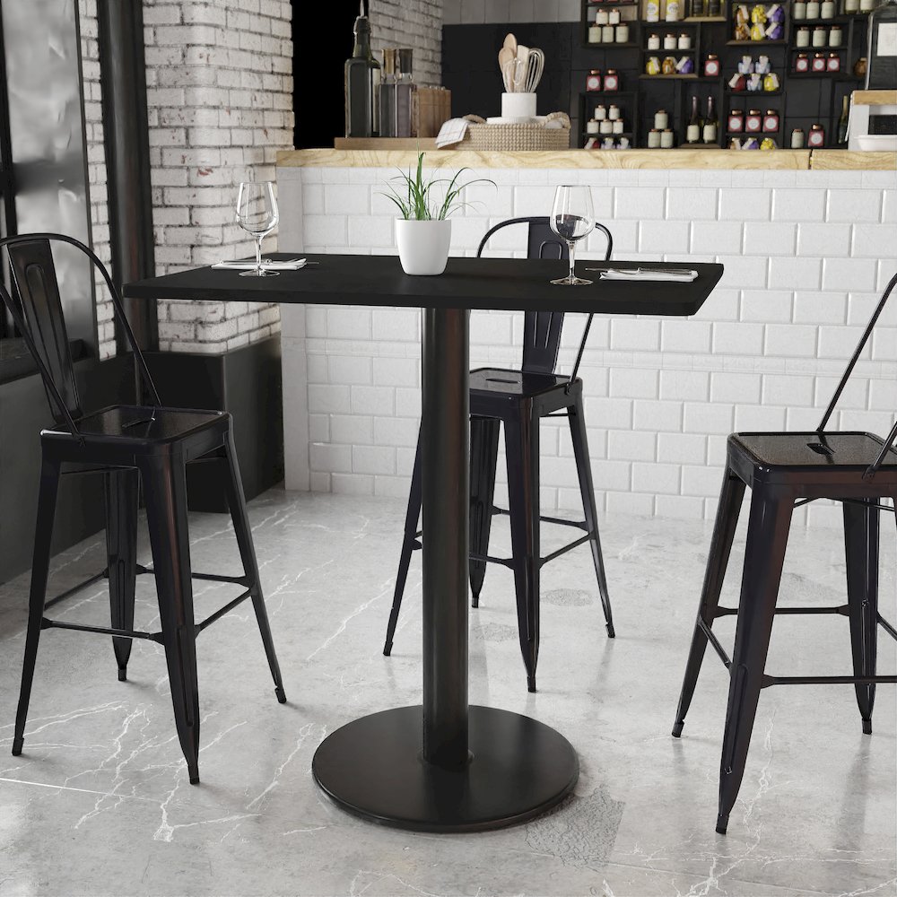 30'' x 42'' Rectangular Black Table Top with 24'' Round Bar Height Table Base. Picture 2