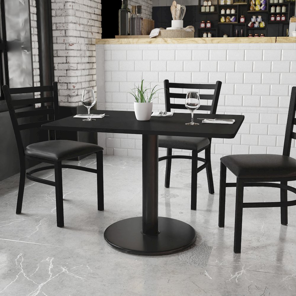 30'' x 42'' Rectangular Black Table Top with 24'' Round Table Height Base. Picture 2
