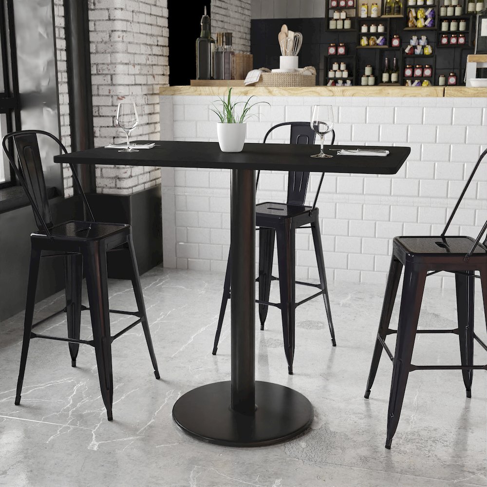 30'' x 48'' Rectangular Black Table Top with 24'' Round Bar Height Table Base. Picture 2