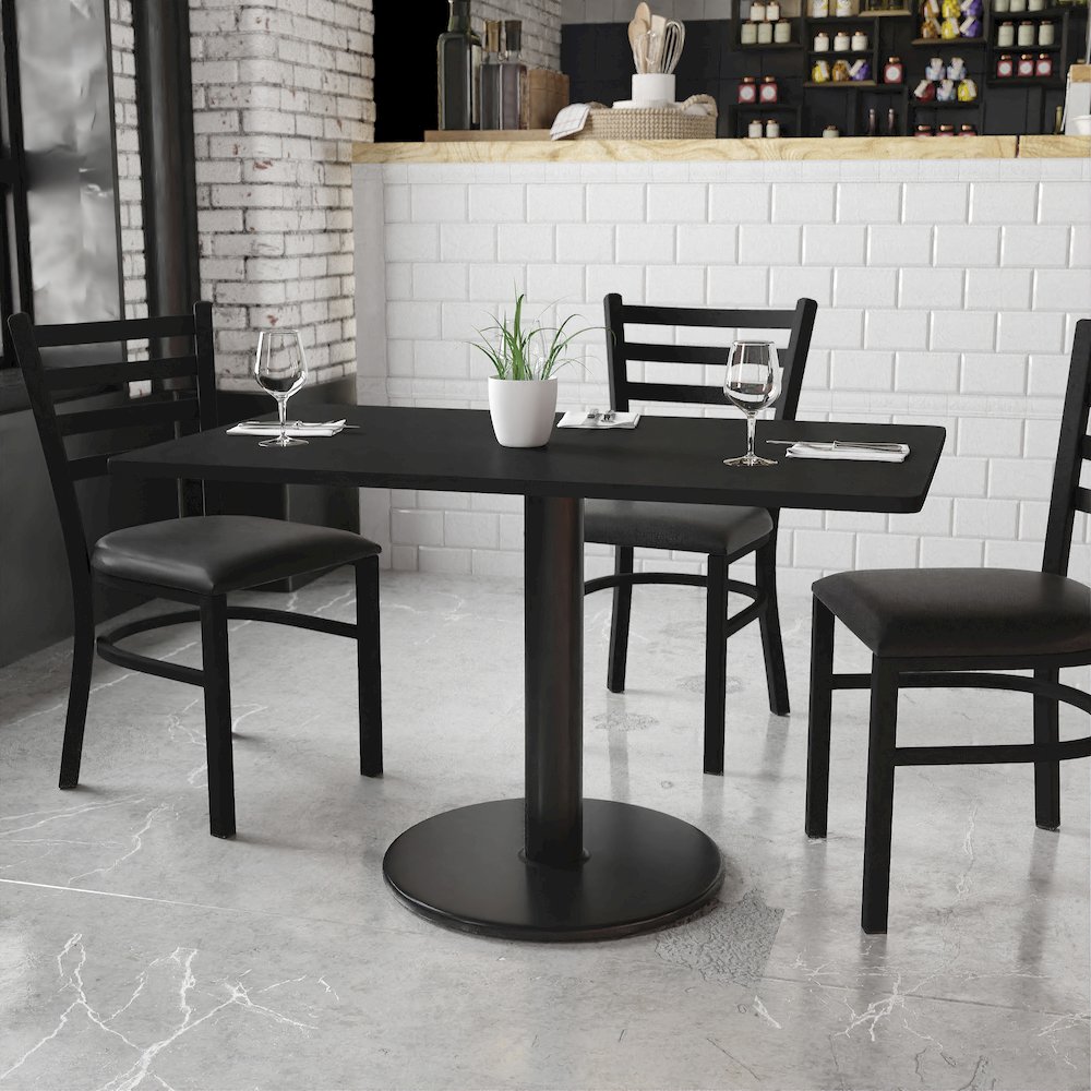 30'' x 48'' Rectangular Black Table Top with 24'' Round Table Height Base. Picture 2