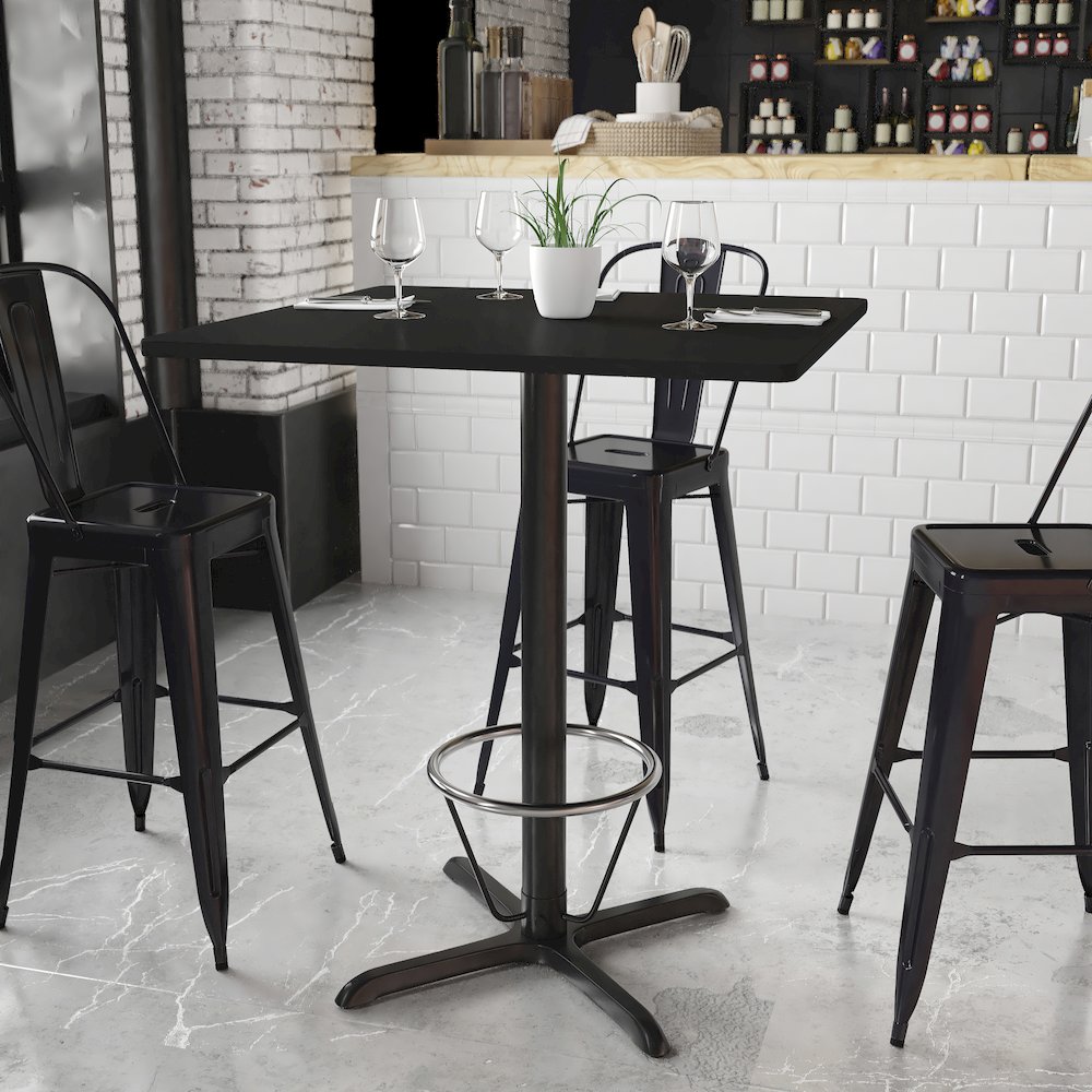 36'' Square Black Table Top with 30'' x 30'' Bar Height Table Base and Foot Ring. Picture 2