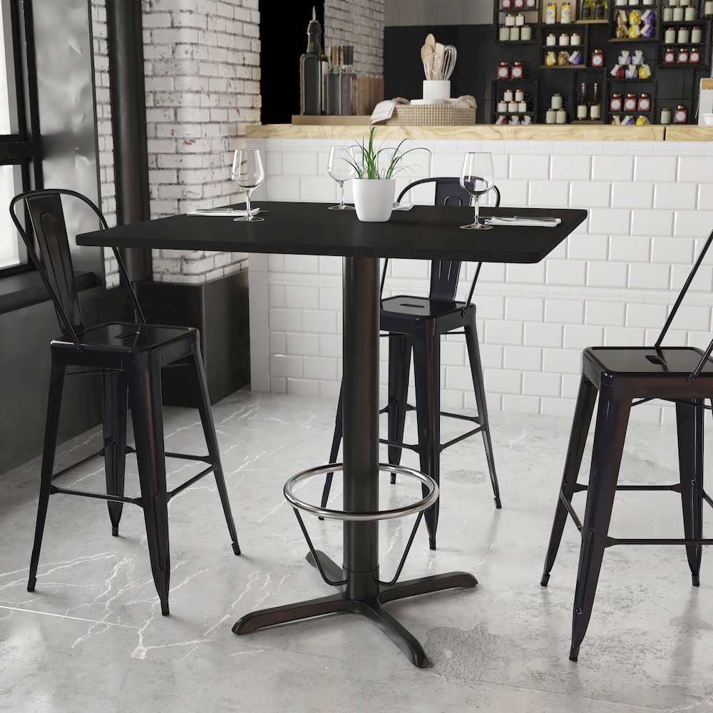 42'' Square Black Table Top with 33'' x 33'' Bar Height Table Base and Foot Ring. Picture 2