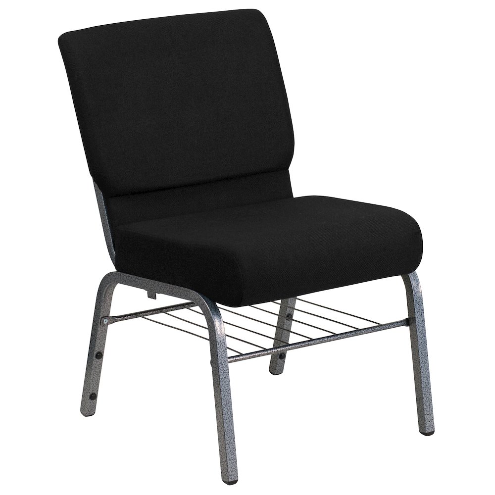 21''W Church Chair in Black Fabric with Book Rack - Silver Vein Frame. Picture 1