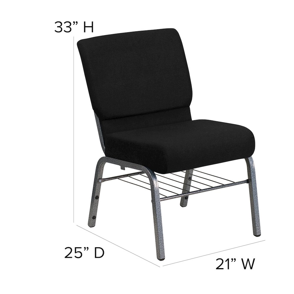 21''W Church Chair in Black Fabric with Book Rack - Silver Vein Frame. Picture 5
