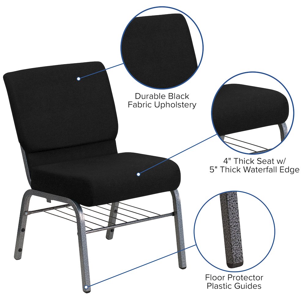 21''W Church Chair in Black Fabric with Book Rack - Silver Vein Frame. Picture 5