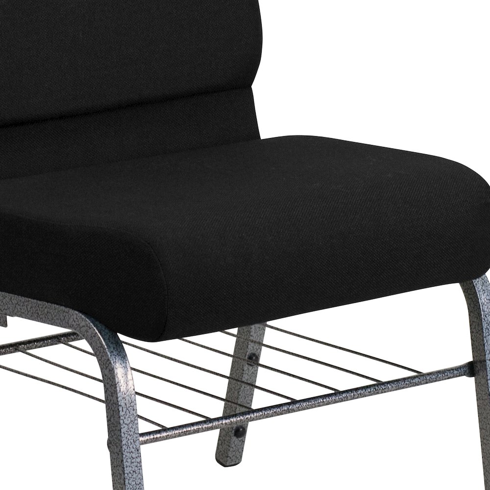 21''W Church Chair in Black Fabric with Book Rack - Silver Vein Frame. Picture 6