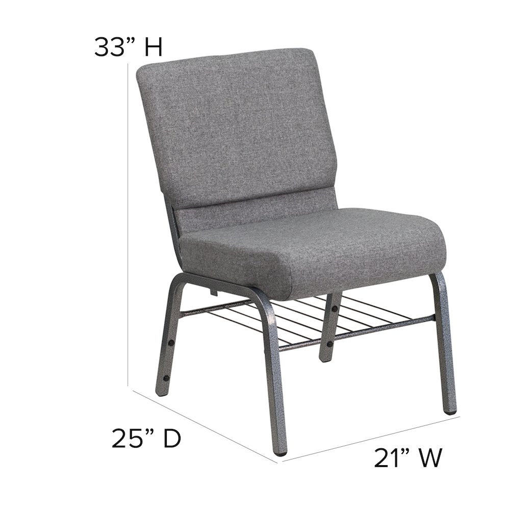 21''W Church Chair in Gray Fabric with Book Rack - Silver Vein Frame. Picture 6