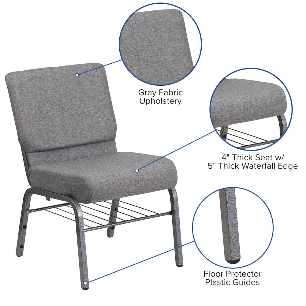 21''W Church Chair in Gray Fabric with Book Rack - Silver Vein Frame. Picture 5