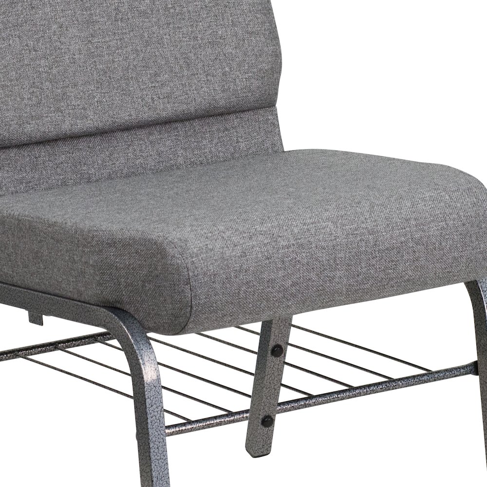21''W Church Chair in Gray Fabric with Book Rack - Silver Vein Frame. Picture 6