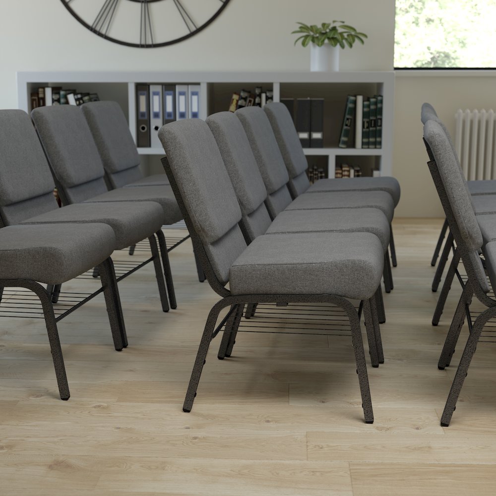 21''W Church Chair in Gray Fabric with Book Rack - Silver Vein Frame. Picture 8