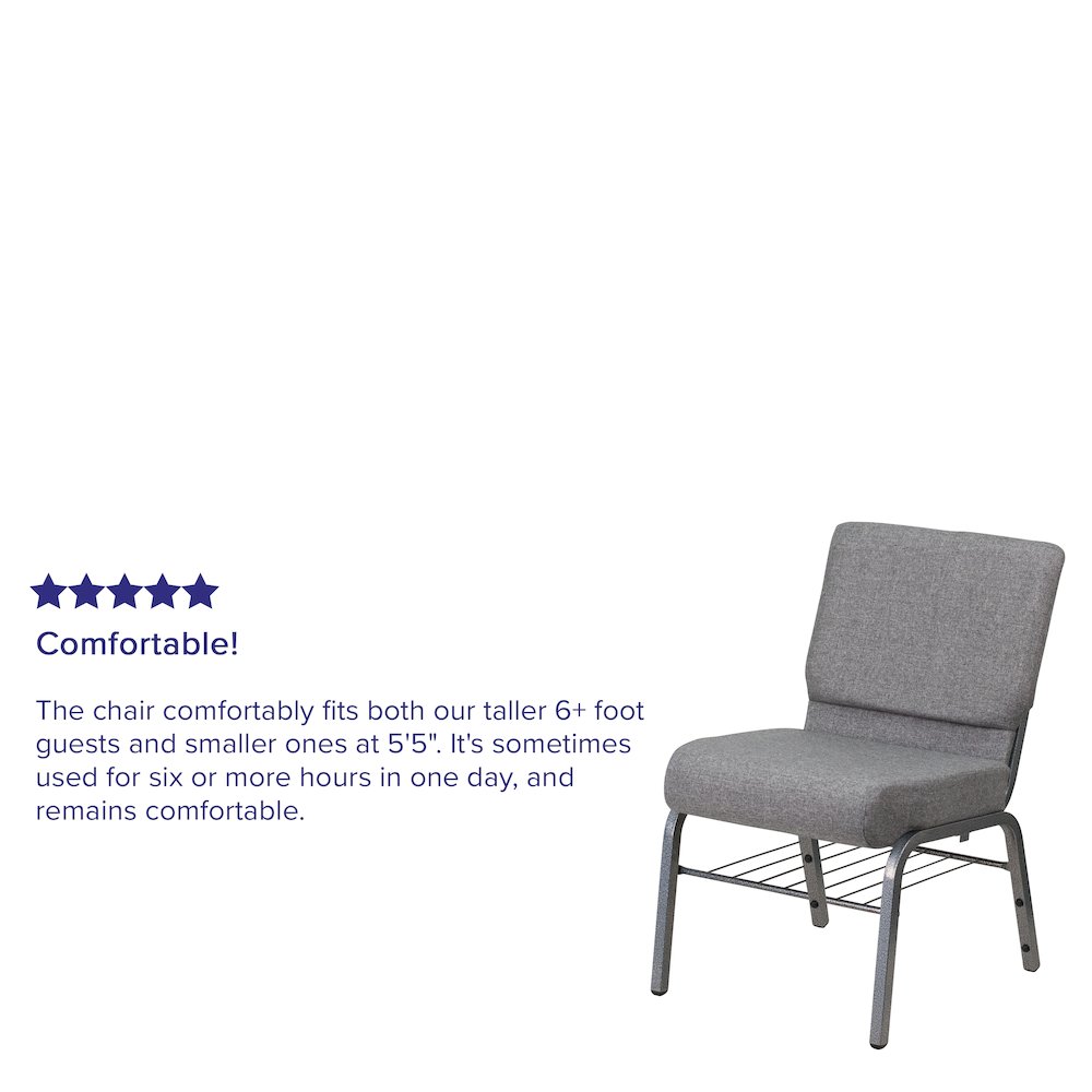 21''W Church Chair in Gray Fabric with Book Rack - Silver Vein Frame. Picture 9