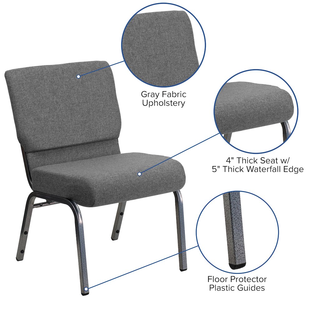 21''W Stacking Church Chair in Gray Fabric - Silver Vein Frame. Picture 5
