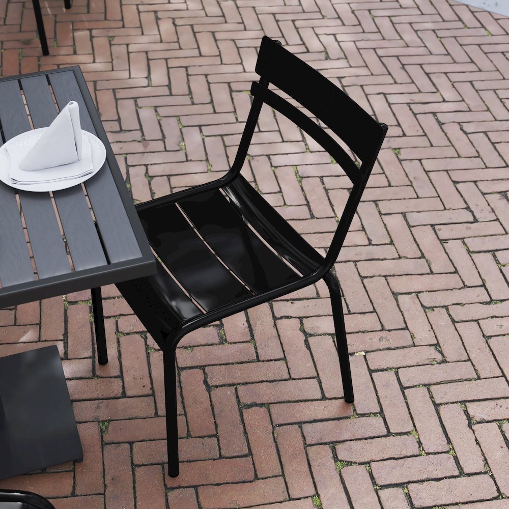 Modern Commercial Grade Indoor/Outdoor Armless Steel Stack Chair. Picture 6