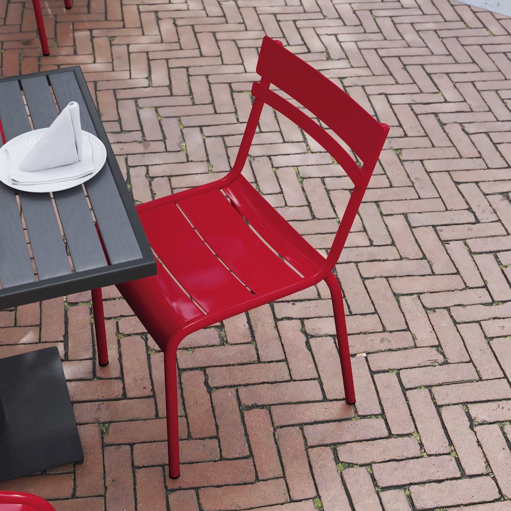 Modern Commercial Grade Indoor/Outdoor Armless Steel Stack Chair. Picture 6