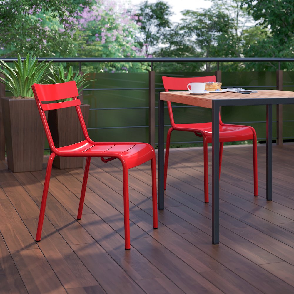 Modern Commercial Grade Indoor/Outdoor Armless Steel Stack Chair. Picture 7