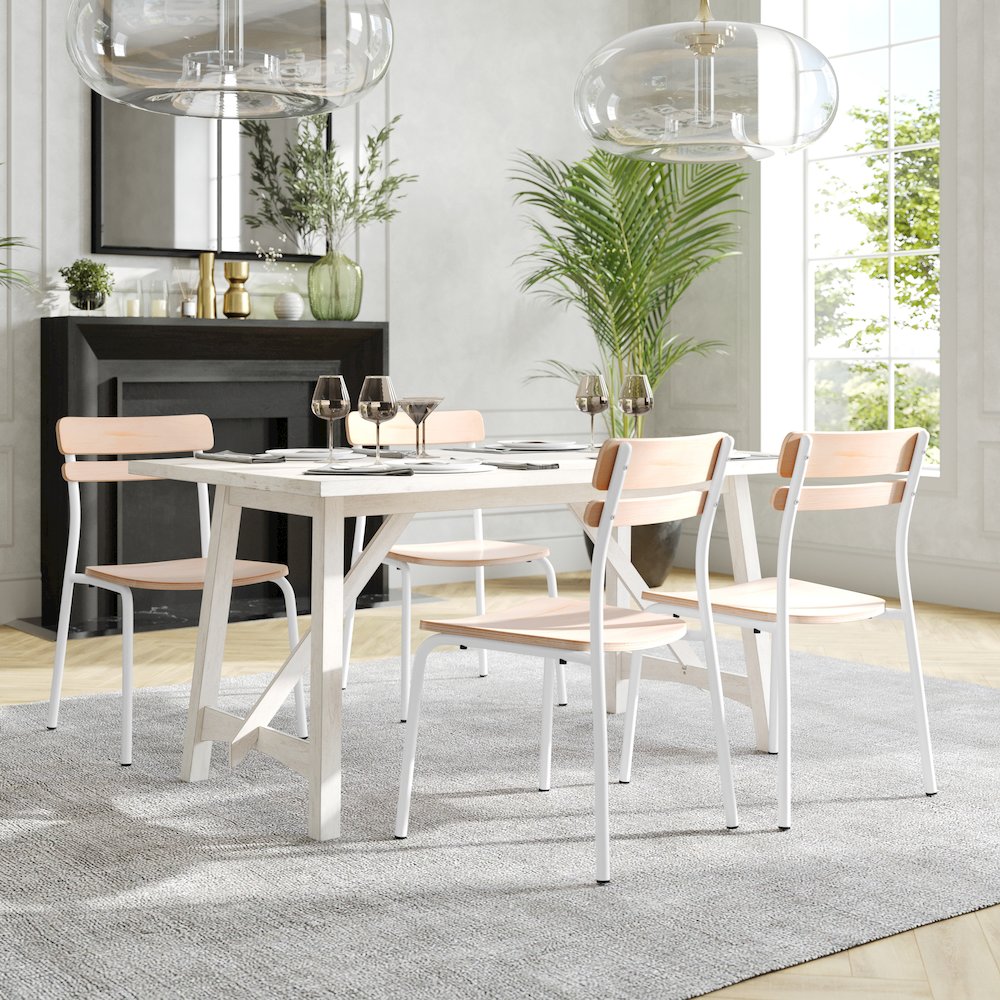Cyprus Solid Wood Dining Chair with White Metal Frame and Antique White Finish. Picture 6