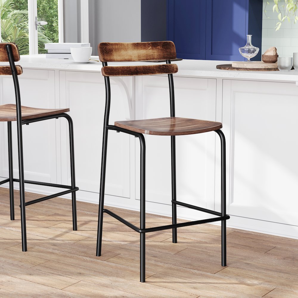 Cyprus Solid Wood Bar Stool with Black Metal Frame and Antique Copper Finish. Picture 3