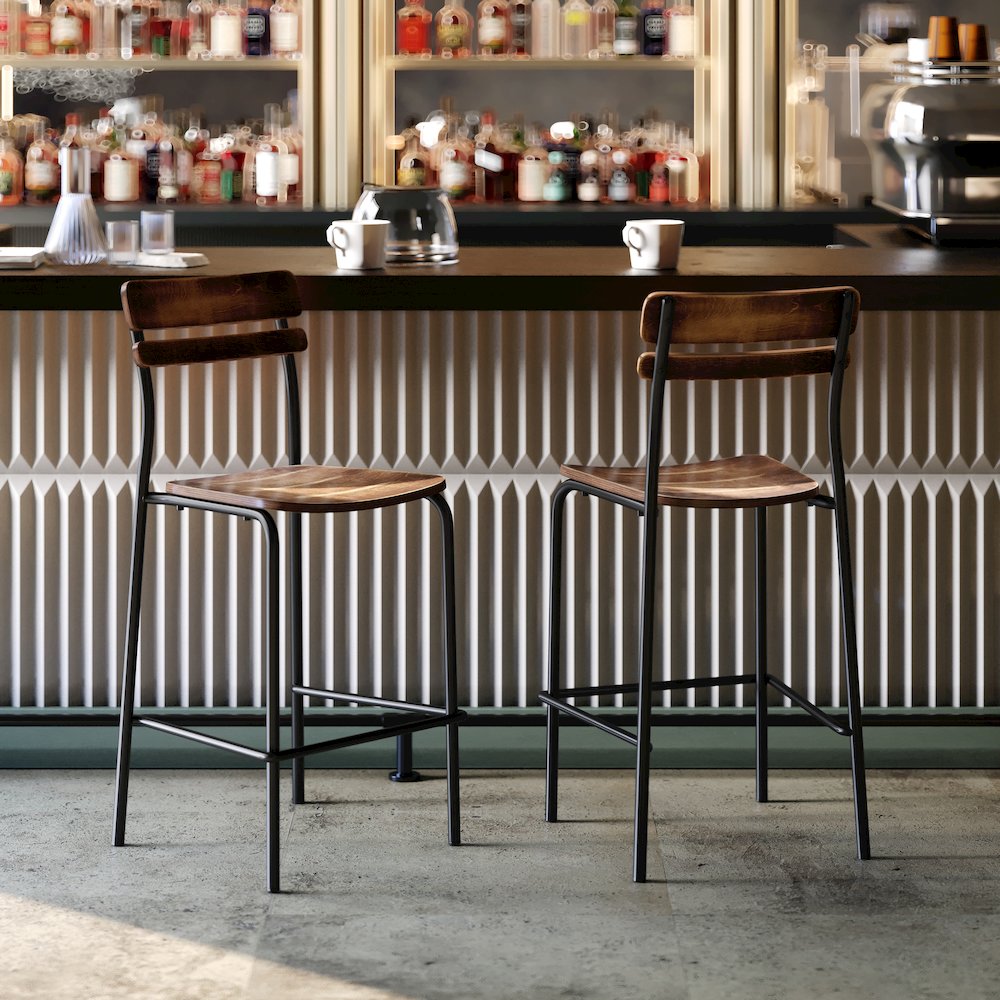 Cyprus Solid Wood Bar Stool with Black Metal Frame and Antique Copper Finish. Picture 6