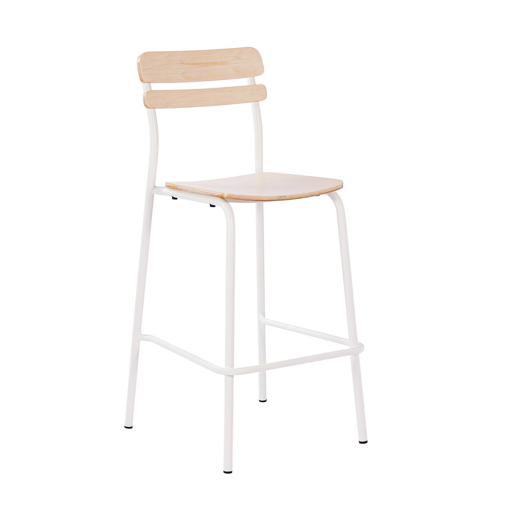 Cyprus Solid Wood Bar Stool with White Metal Frame and Antique White Finish. Picture 1