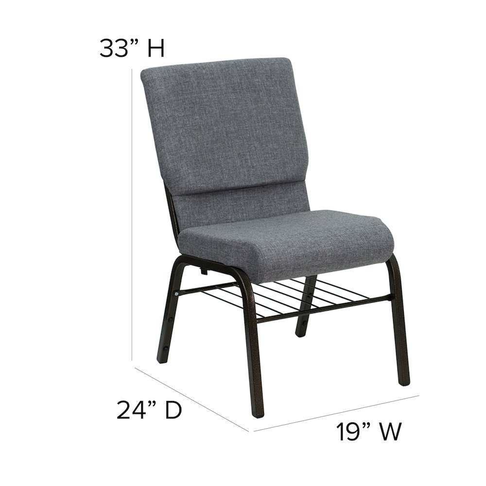 18.5''W Church Chair in Gray Fabric with Book Rack - Gold Vein Frame. Picture 5