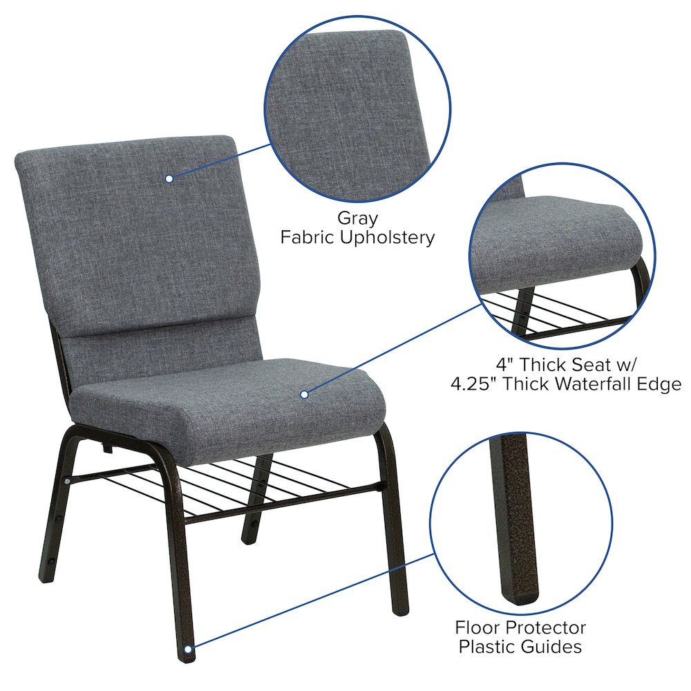 18.5''W Church Chair in Gray Fabric with Book Rack - Gold Vein Frame. Picture 4
